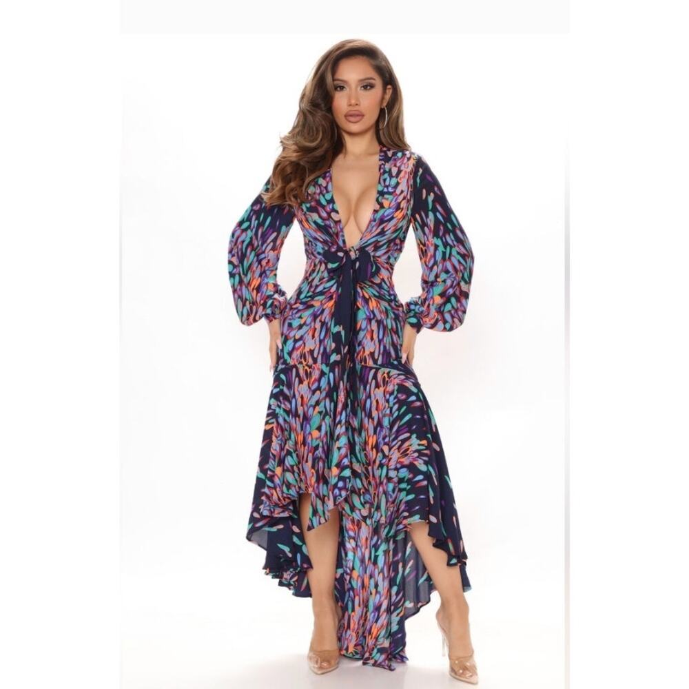 Fashion Nova Navy Multi Abstract Plunge Tie-Front Maxi Dress
